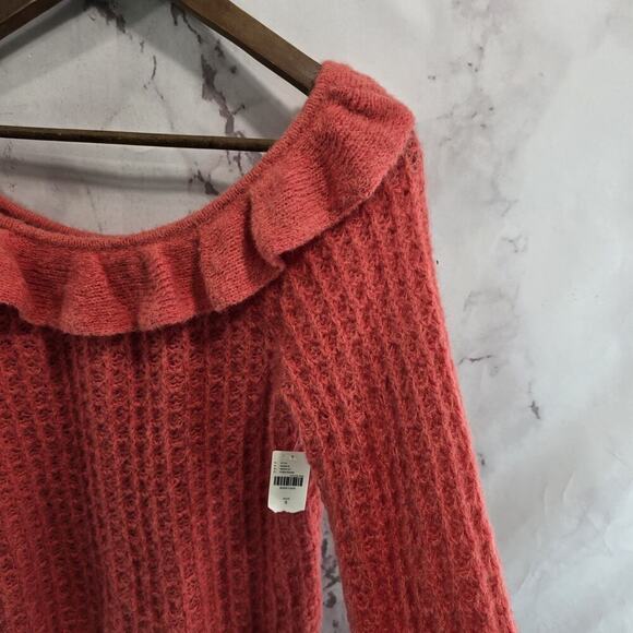 By Anthropologie Sweater Women Small Salmon Coral Wool Ruffle Off Shoulder - Picture 11 of 12